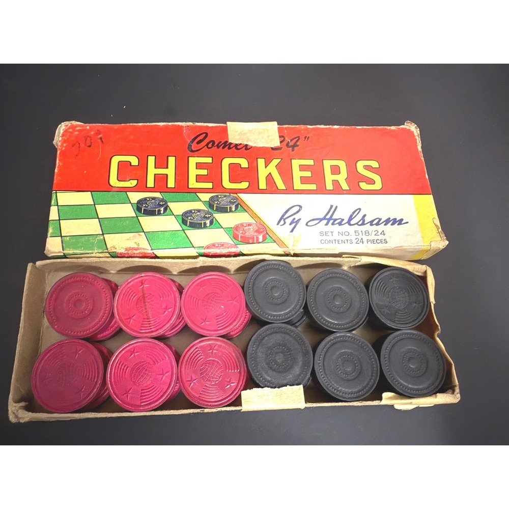 Vintage Halsam Comet 24 Checkers Set No 518/24 Red Black Interlocking Plastic